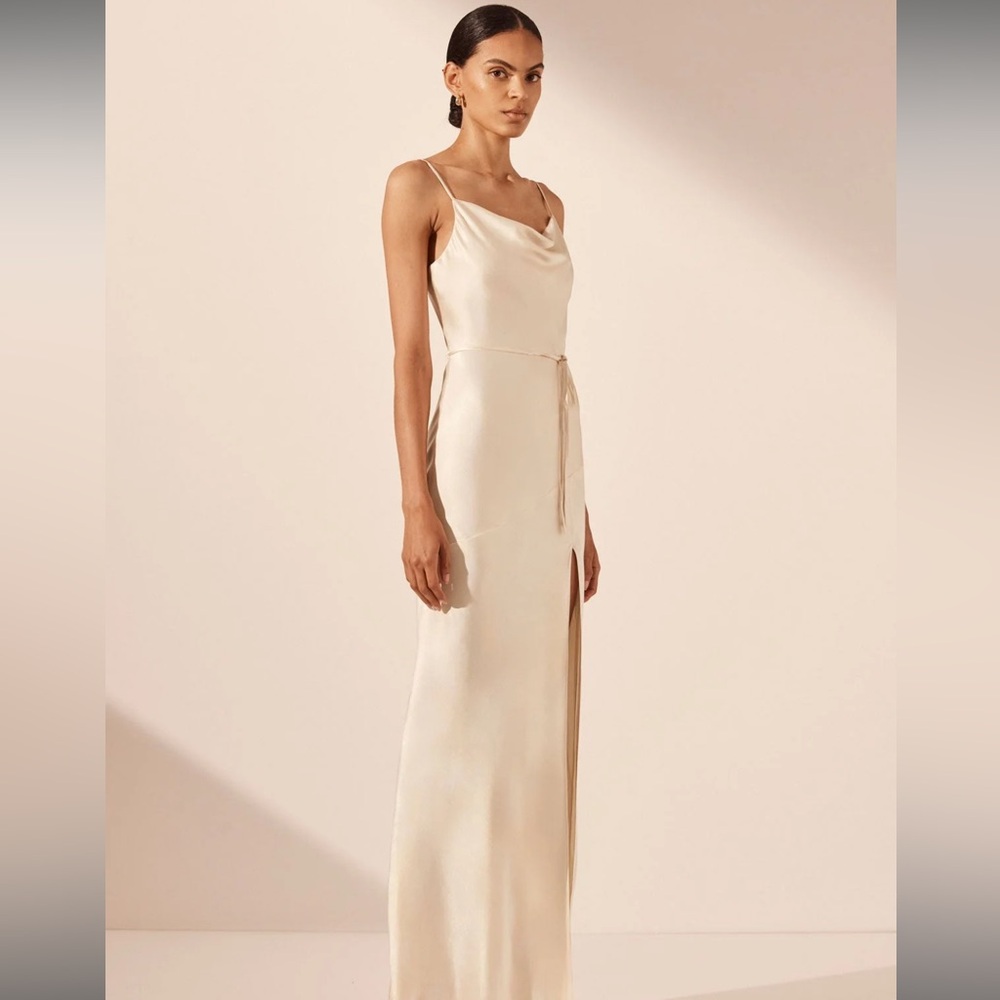 Shona Joy La Lune Gown in Cream, front slit and small tie